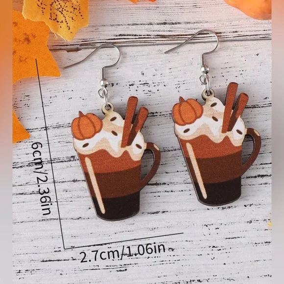 NWT Pumpkin Spice Latte Drop Dangle Earrings Lightweight Wood Fall Autumn - Picture 10 of 11